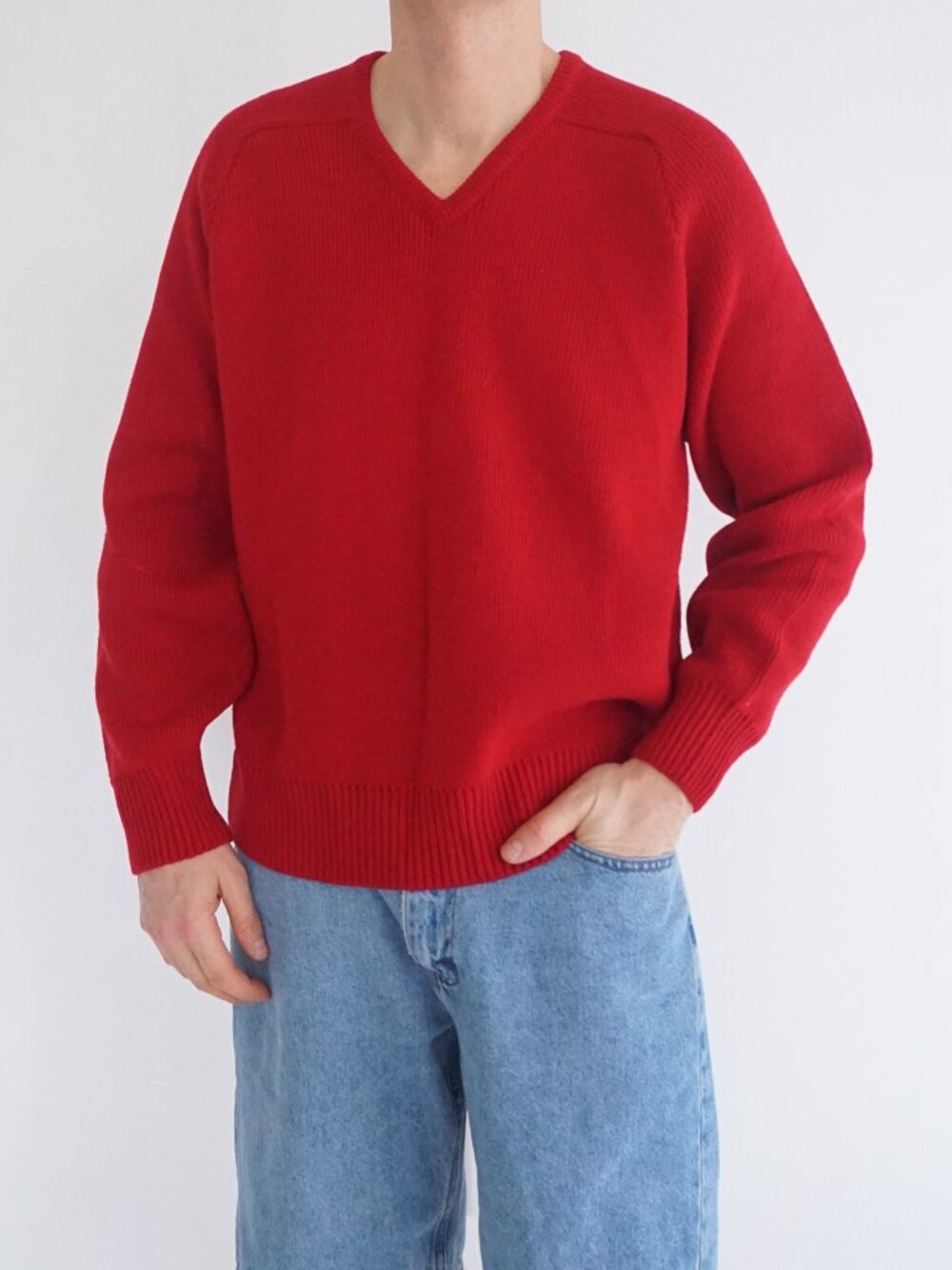 VTG Ingo Red Ribbed V Neck 100% Wool Sweater Made In Canada Knit Pullover Mens M